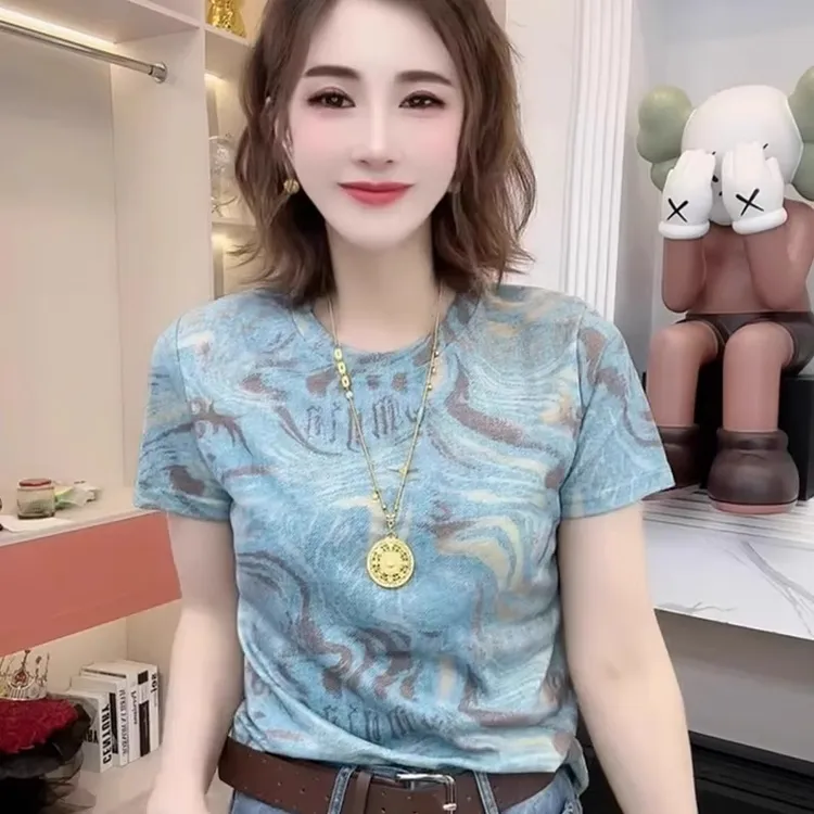 2025夏季新款圆领时尚晕染短袖T恤女装洋气通勤修身显瘦短款上衣