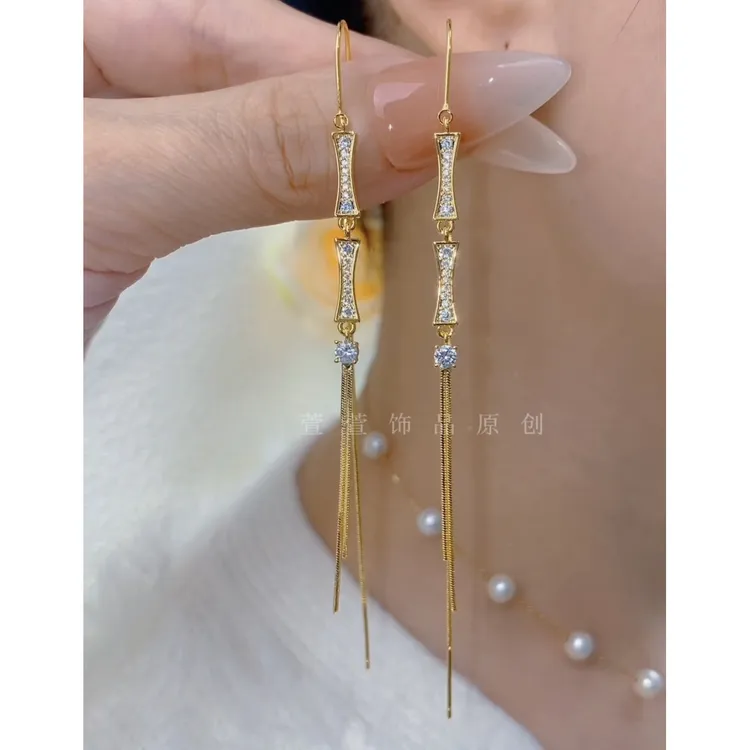 铜合金无非金属耳饰 竹节气质简约精致时尚流苏耳环0390轻奢百搭