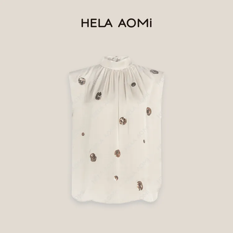 HELA AOMI“月光褶涧”光泽感轻奢压褶钉珠无袖优雅衬衫CY5BX12021