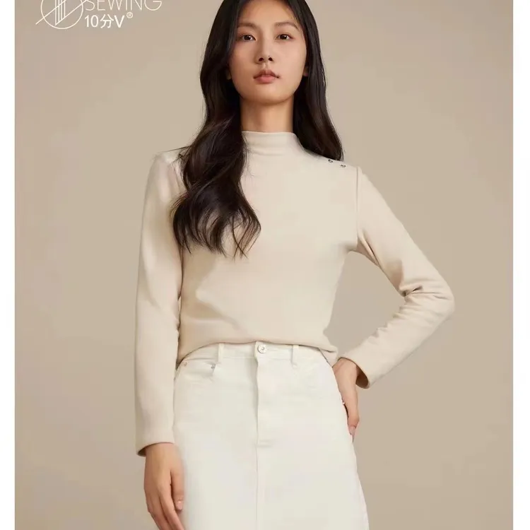 708澳绒女士打底衫百搭圆领保暖修身T恤极简风长袖半高领宽松型