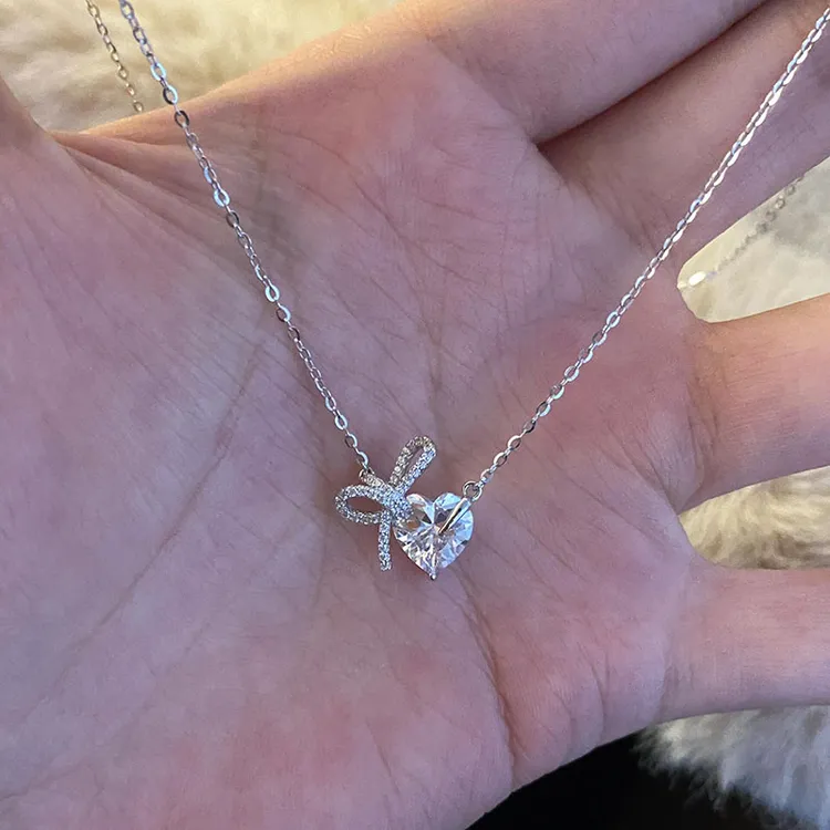 坠链均925银 爱心蝴蝶结项链女款纯银轻奢小众高级感锁骨链配饰品