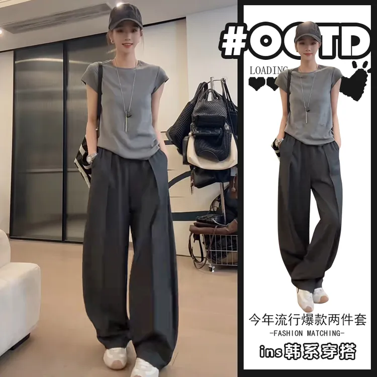 温柔风穿搭套装女夏季新款灰色显瘦上衣+宽松阔腿休闲裤两件套潮