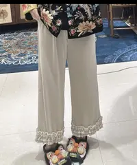 高级杏色冰丝丝绒花边八分裤显瘦百搭时尚洋气高腰阔腿89906