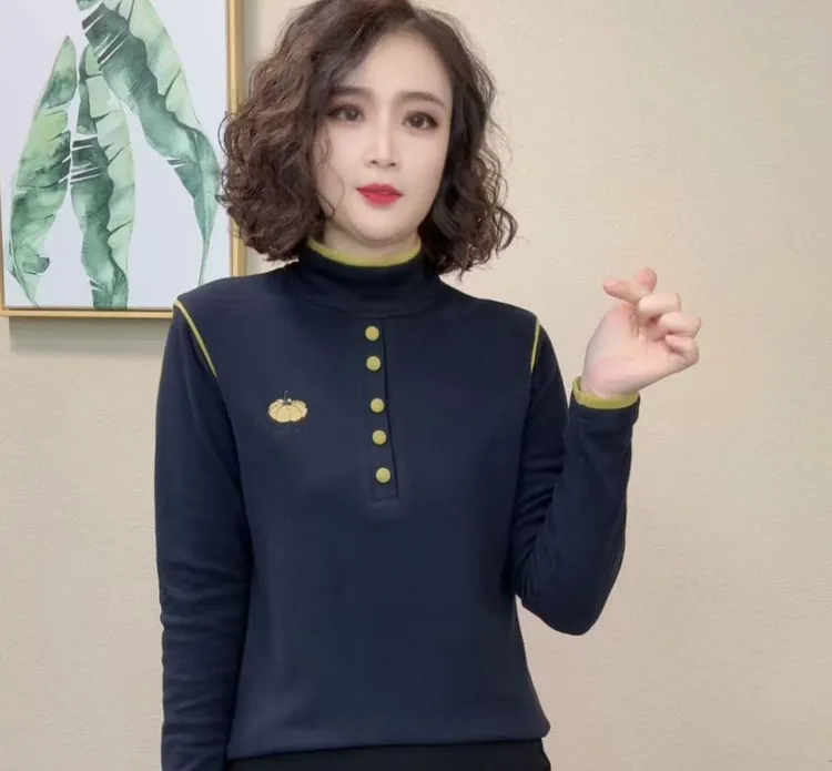 2025秋季新款气质时尚洋气百搭休闲半高领女士T恤上衣#547814