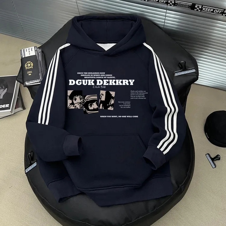 美式潮牌动漫印花连帽加绒上衣秋冬三条杠男女情侣藏青色休闲卫衣