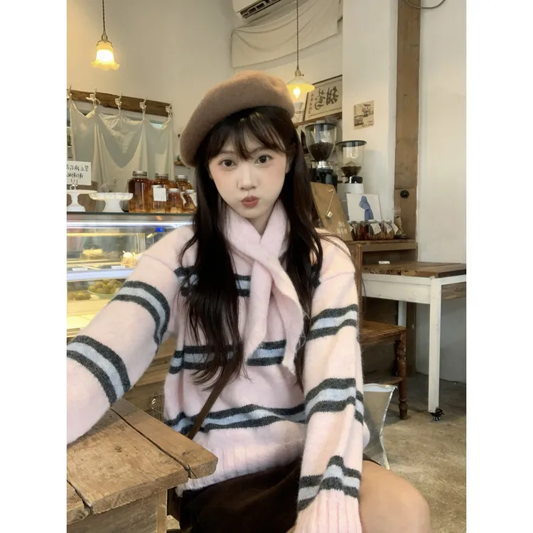 甜美软糯撞色条纹毛衣秋冬女小个子韩系宽松粉色针织衫上衣