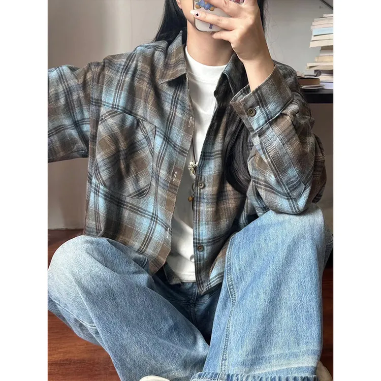 复古海盐蓝棕色格子衬衫男女同款宽松慵懒风叠穿情侣长袖衬衣外套