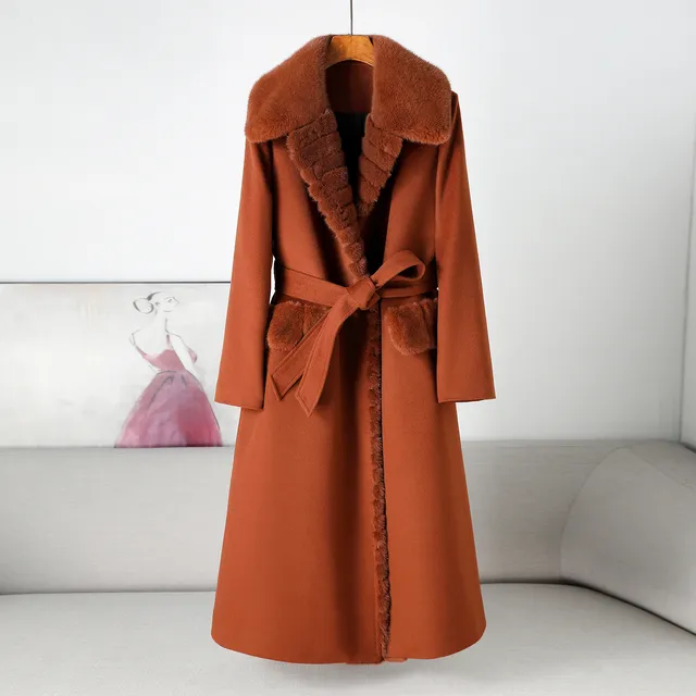 冬季新款高级感水貂毛领门襟鹅绒服羊绒大衣2025年中长款羊毛外套