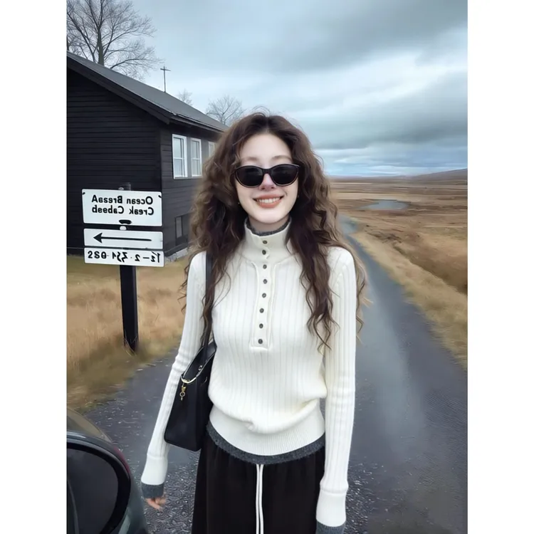 韩系高智风撞色假两件半扣高领毛衣女秋冬慵懒显瘦内搭打底针织衫