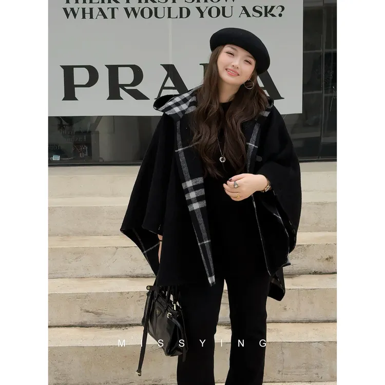 应小姐【都柏林冬日】微胖大码女装宽松显瘦气质双面呢斗篷短大衣