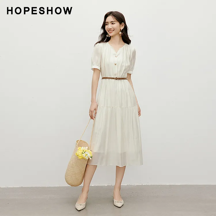 红袖夏季2025新款女装 收腰异型扣圆领套头连衣裙90624191618