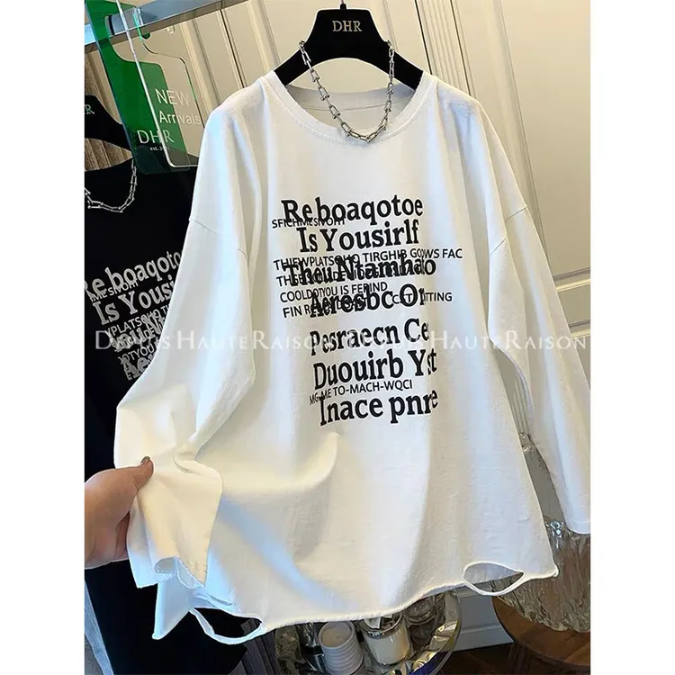 纯棉字母印花落肩袖长袖T恤女春秋季新款破洞设计感宽松显瘦上衣