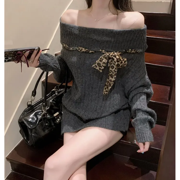 韩版穿搭秋冬慵懒风豹纹系带露肩一字领长袖毛衣女麻花上衣中长款