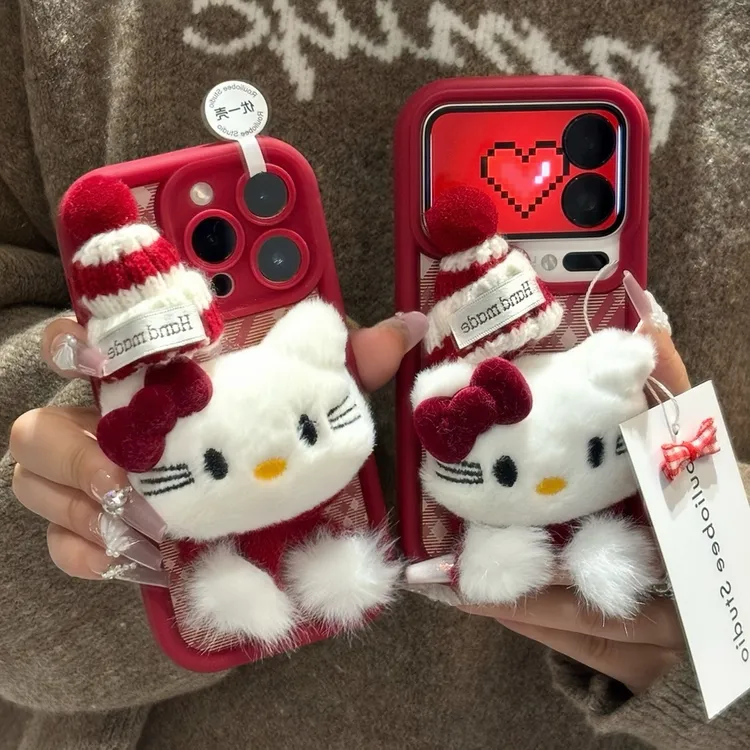 秋冬酒红毛绒kitty适用苹果17/16promax手机壳华为vivooppo小米15