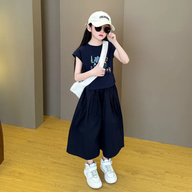 女童2025夏季新款儿童韩版时髦休闲短袖T恤阔腿裤九分裤套装潮酷