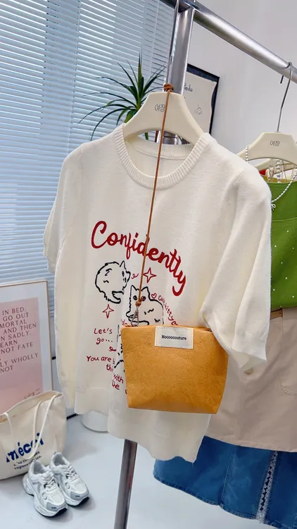 2025夏季新款猫咪印花圆领针织短袖T恤针织短袖女款爆款2025新款