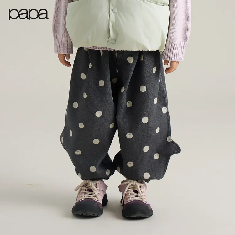 【波点牛仔】papa爬爬冬季新品男女童番茄印花图案波点加绒牛仔可爱