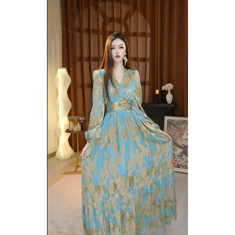 尤克菲儿 “蓝色多瑙河”轻奢高定气质优雅印花高腰显瘦复古连衣裙