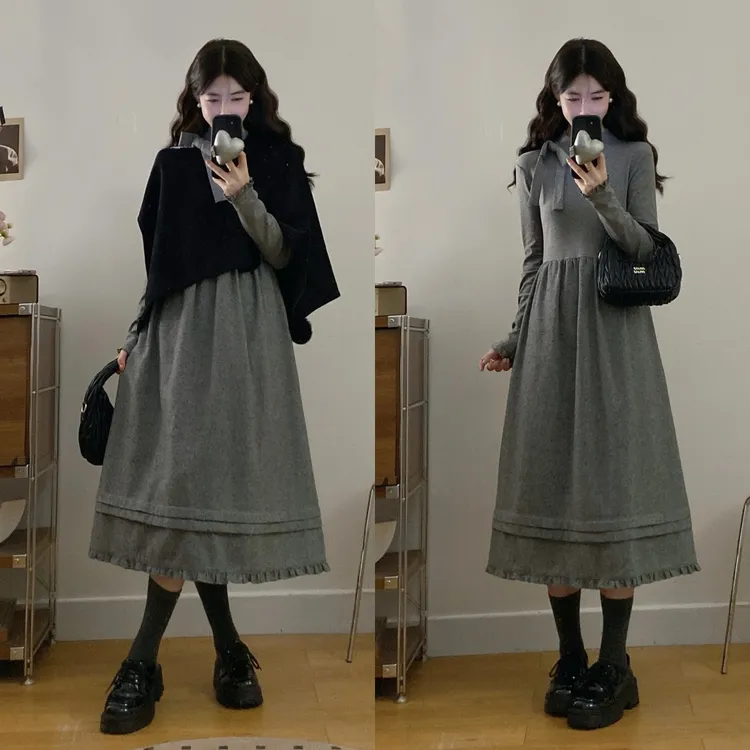 大码冬季新款甜美文艺圆领不规则短款披肩外套连衣裙两件套