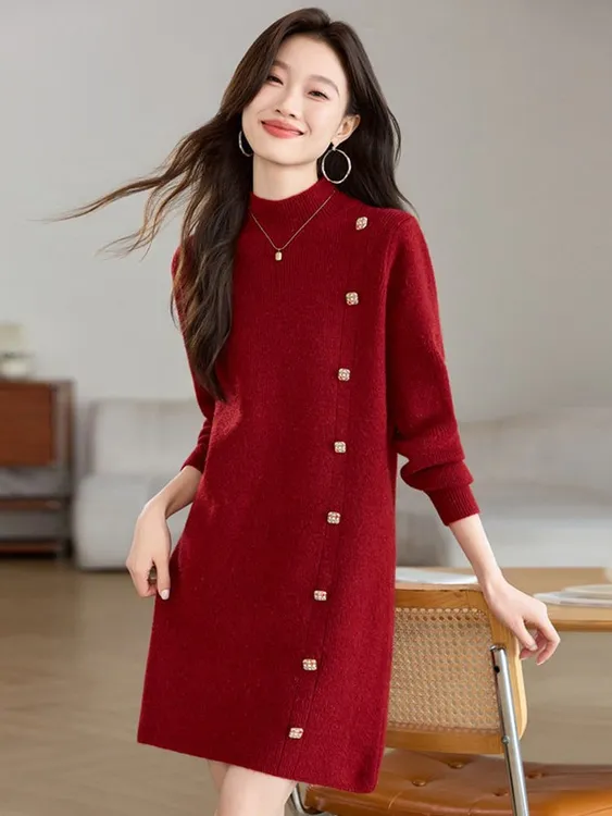 秋冬圆领长袖过膝毛衣裙女新款宽松内搭长裙高级氛围感针织打底裙