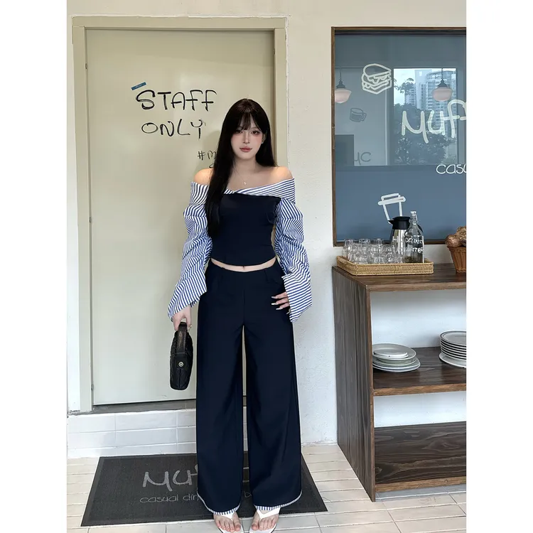 黑泽玄七《社内女上司》夏秋显瘦通勤高智海魂翻领衫V腰阔腿裤套装