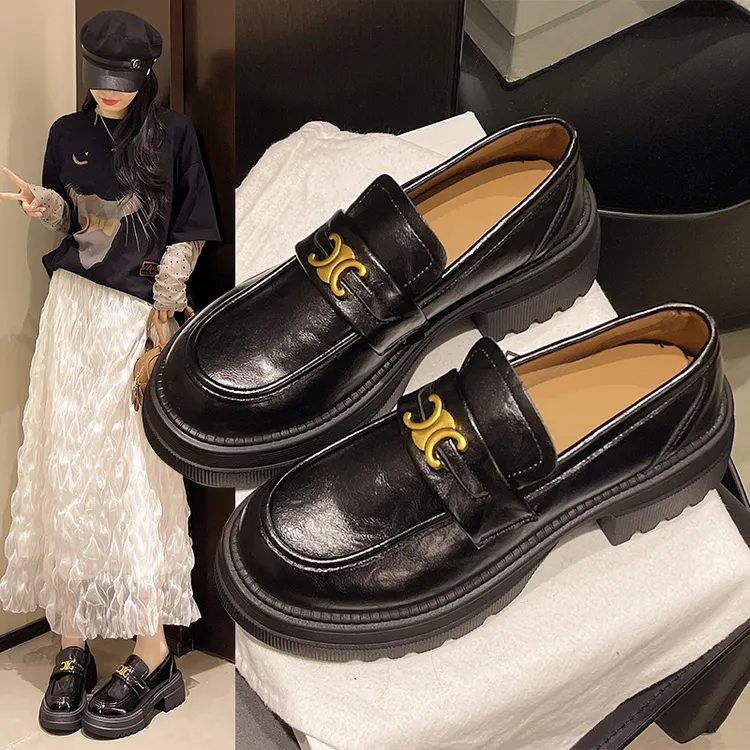 厚底小皮鞋女英伦风2025新款春秋季凯旋门复古一脚蹬单鞋乐福鞋子