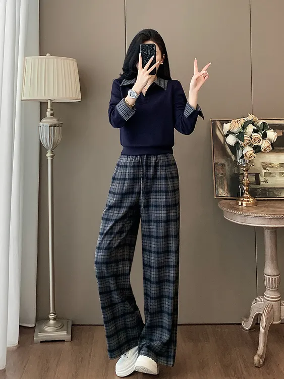 休闲套装秋冬季新款显瘦藏蓝色翻领上衣格纹阔腿裤复古显高两件套