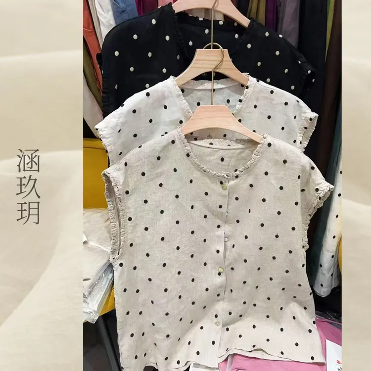 涵玖玥▪100%黄金纱雨露麻【漫调波点】刺绣气质夏季上衣梵-82586