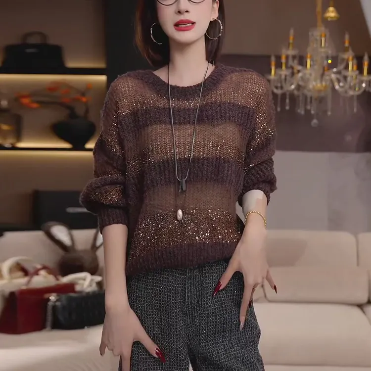 拉夏贝尔超好看休闲时尚毛衣女2025秋季洋气减龄拼色条纹针织上衣