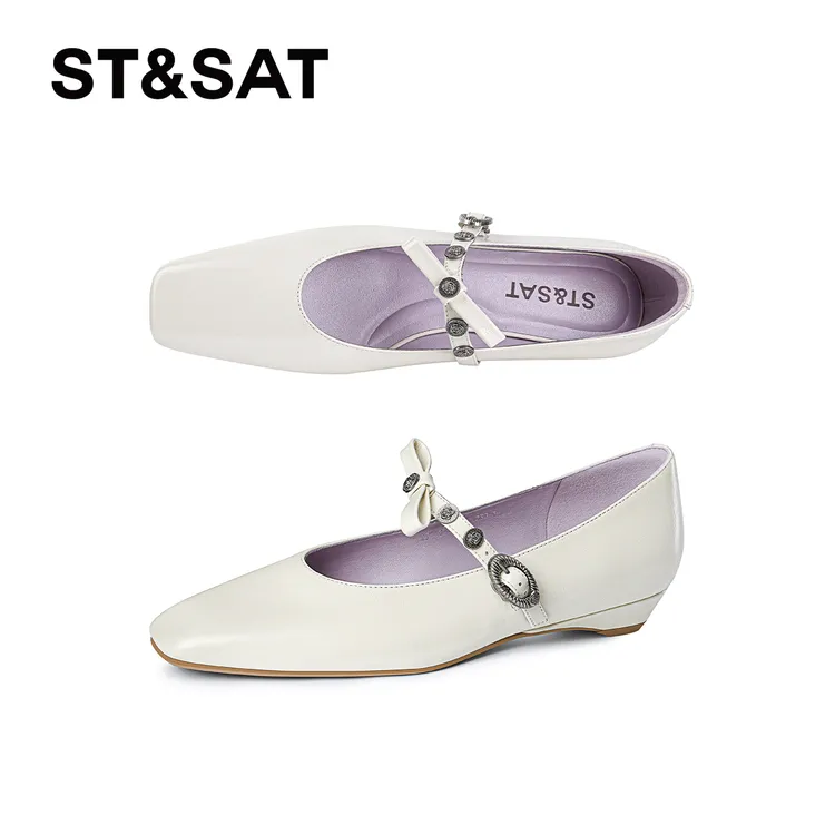 St&Sat/星期六方头平底鞋甜美蝴蝶结坡跟玛丽珍鞋皮鞋2025春夏季