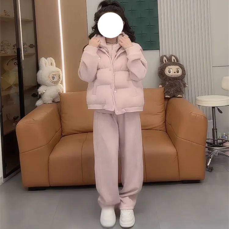 2025冬季新款女士韩系时髦减龄纯色连帽卫衣加厚马甲休闲裤三件套
