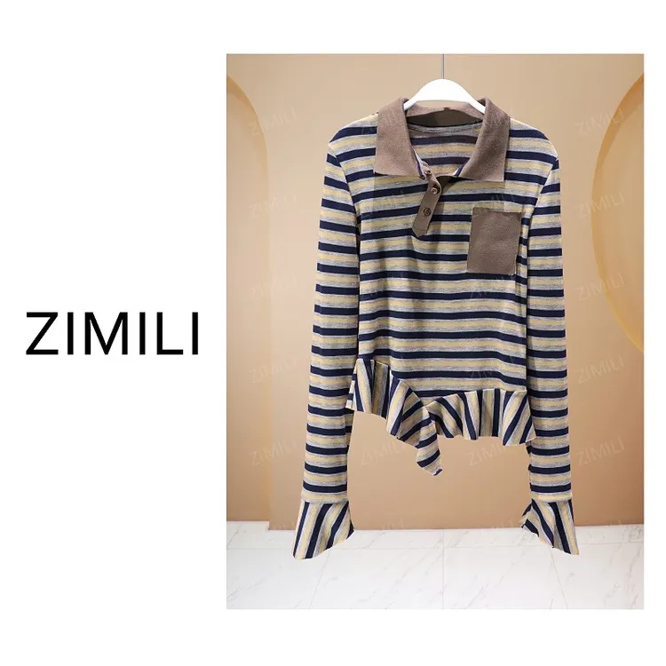 【亮哥女装】2025秋冬新品咖黑条纹开扣POLO领时尚休闲上衣26128-A8