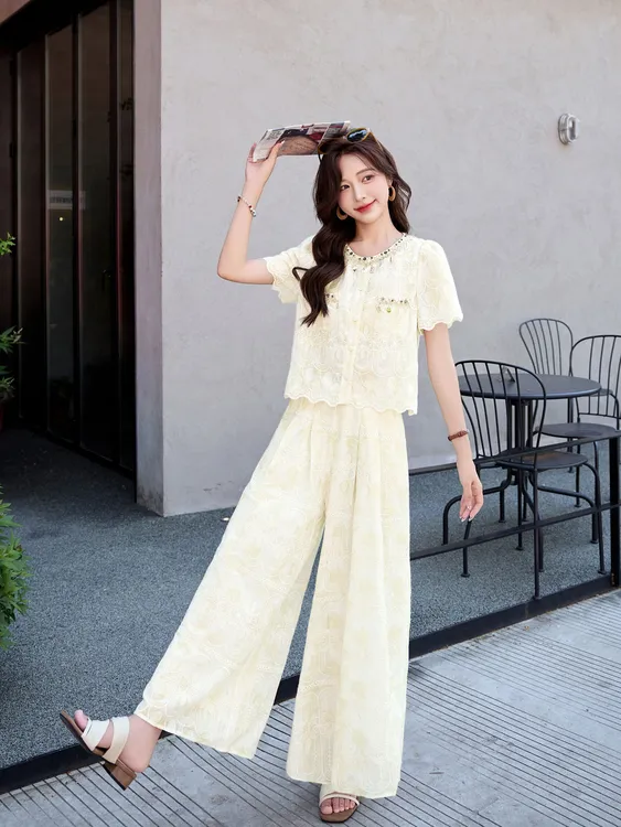 2025年夏季新款法式气质减龄蕾丝短袖衬衫高腰阔腿裤小香风两件套