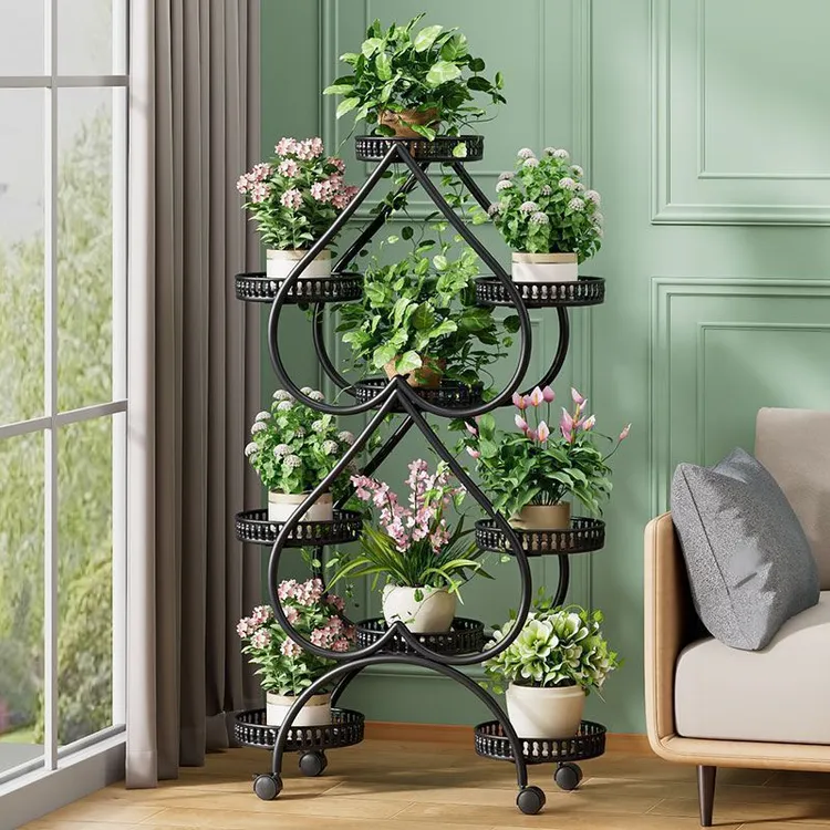 花架子客厅阳台落地式铁艺带轮花架多层桃心置物架室内装饰绿植架