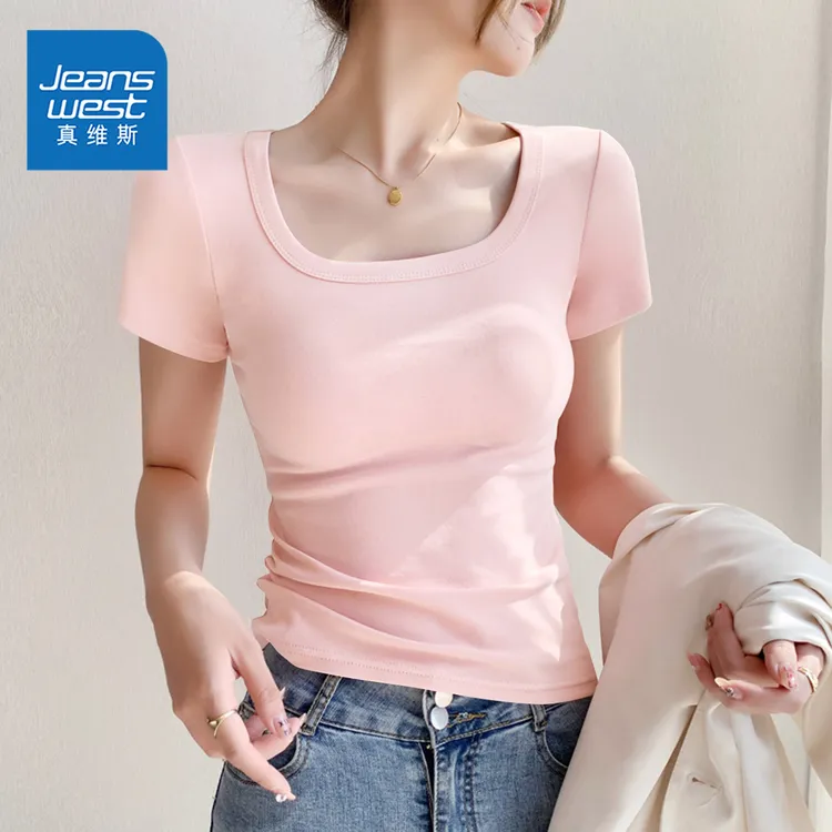 真维斯2025新款粉色短袖T恤女夏季新款方领修身短款甜美小上衣潮