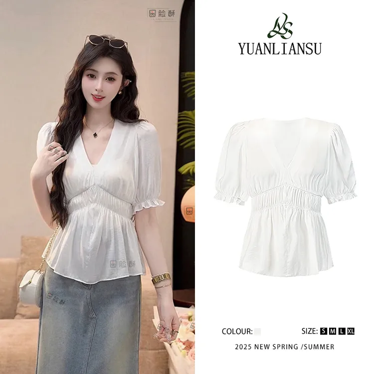 YUANLIANSU/圆脸酥【云月清风】温柔风夏季设计感收腰显瘦V领衬衫女