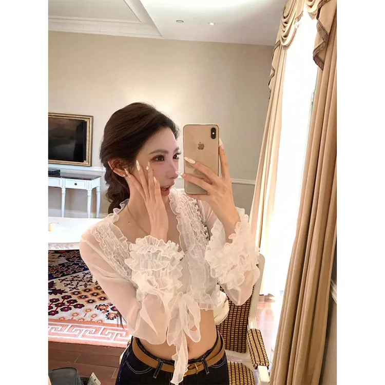 2025夏季新款荷叶边长袖轻薄露脐短款上衣阔腿百搭休闲牛仔裤套装