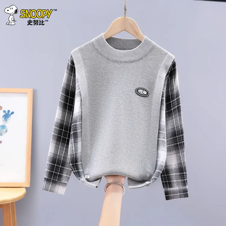 Snoopy/史努比儿童假两件毛衣男童针织衫中大童上衣男孩秋冬装潮