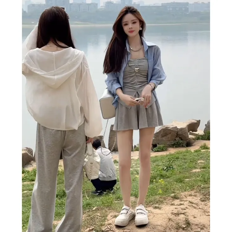 2025春季穿搭整套女新款韩版简约气质上衣内搭高腰显瘦短裙三件套