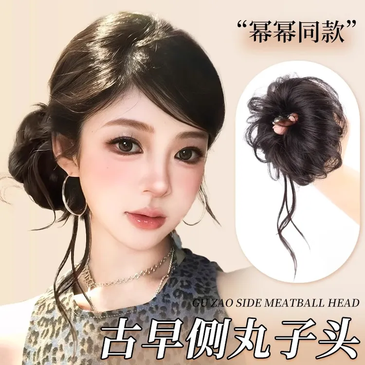 古早风龙须侧丸子头假发真发高颅顶盘发神器假发包