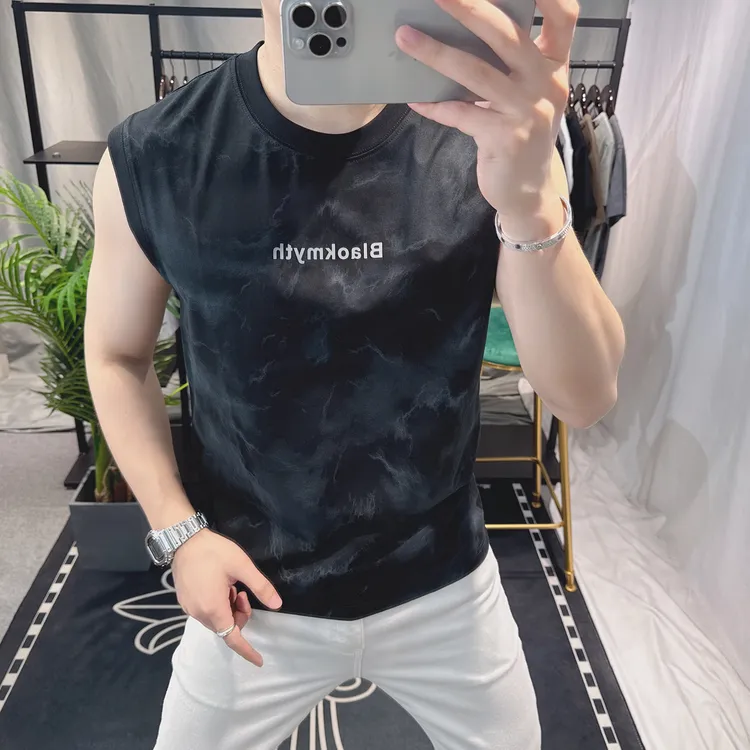 欧洲站高级感扎染时尚背心男2025新款夏季个性修身男士无袖t恤潮