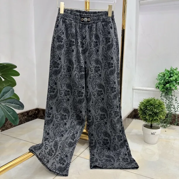 秋冬女士高腰松紧腰毛呢复古印花阔腿裤休闲宽松显瘦