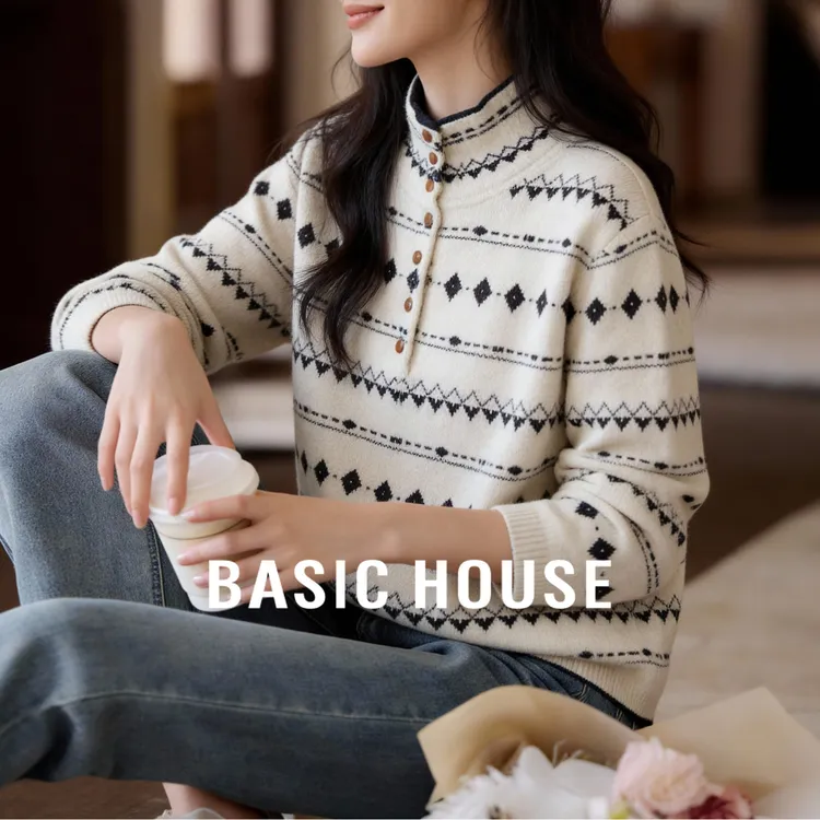 Basic House/百家好长袖运动半开领针织衫上衣时尚休闲女士毛衣