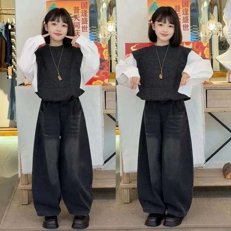 女童秋款套装2025新款女孩宽松长袖衣秋季港式复古阔腿牛仔弯刀裤