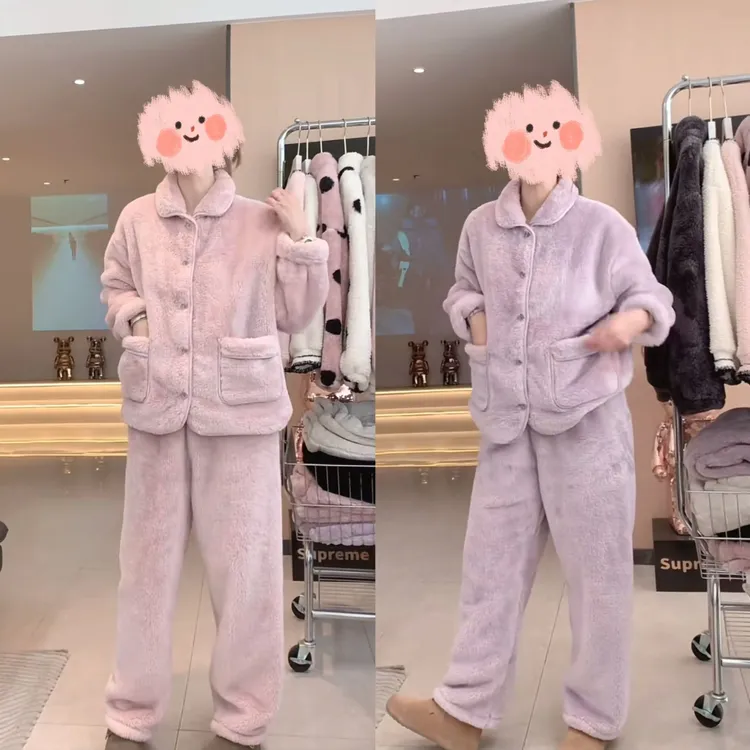 冬季珊瑚绒加厚加绒睡衣套装女2025新款翻领保暖外穿家居服两件套