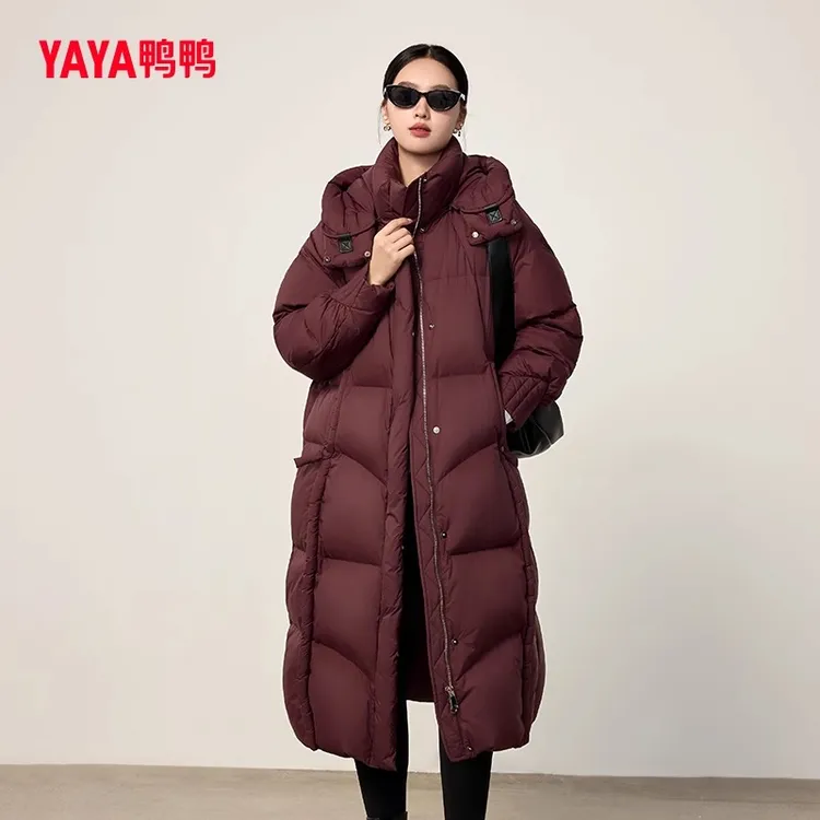 YAYA/鸭鸭90绒羽绒服女长款时尚连帽百搭休闲简约外套YE4B619349M