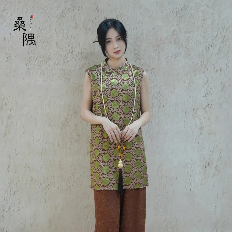 【菊绿】 桑隅原创 夏季新款女士方格花时尚小立领无袖上衣25SS376S