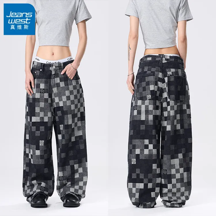 Jeanswest/真维斯黑色马赛克棋盘格牛仔裤男轻奢潮牌直筒宽松男女