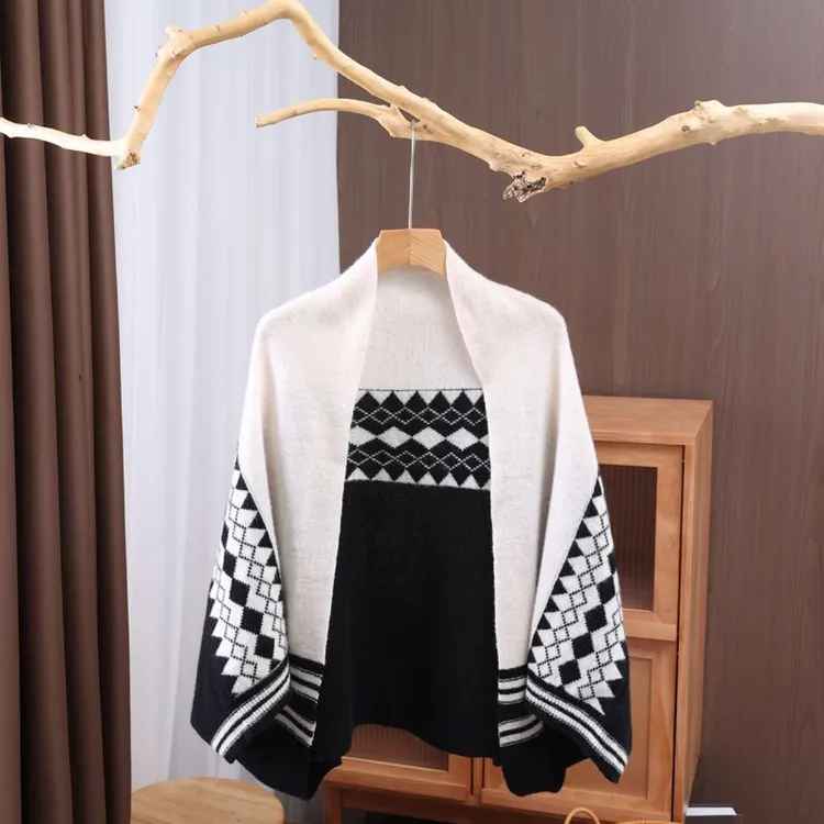 复古气质~多功能两用纯羊毛披肩围巾秋冬新款菱形格拼色叠穿外搭