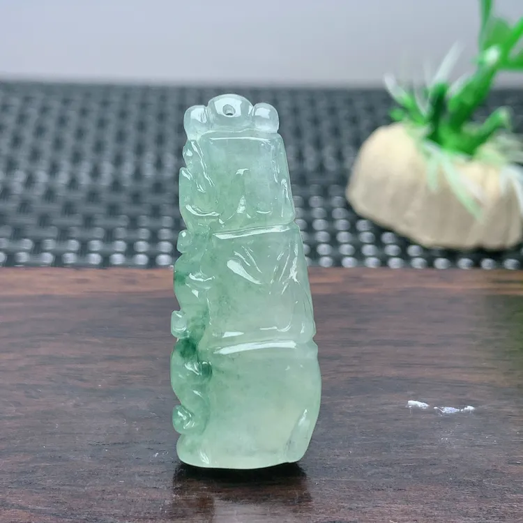 缅甸天然A货翡翠玉石雕刻糯冰种飘花竹节吊坠挂件精雕节节高升